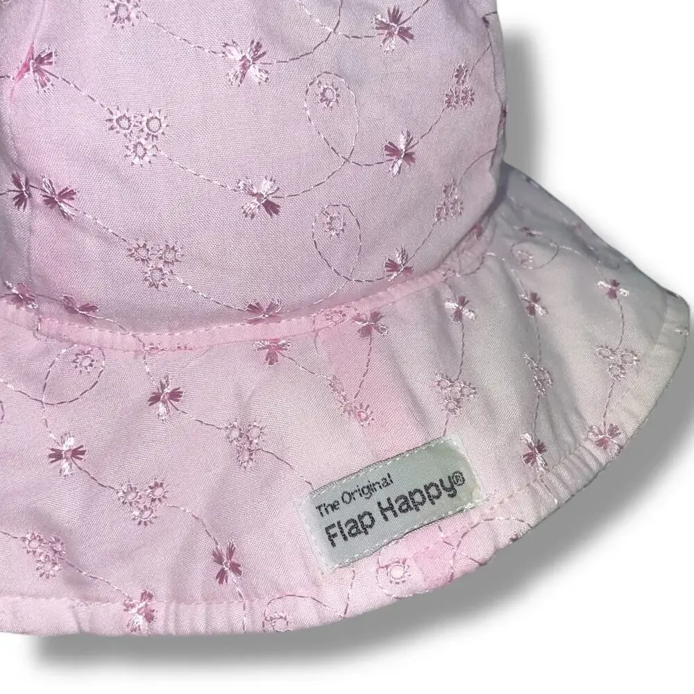 The Original Flap Happy Hat Baby Sun Cap 6-12 Months Pink Eyelet UPF 50 Ties Hat